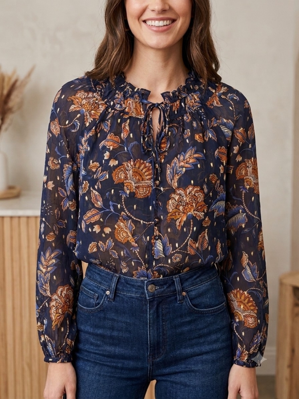 Navy Floral Ruffled Tie-Neck Blouse